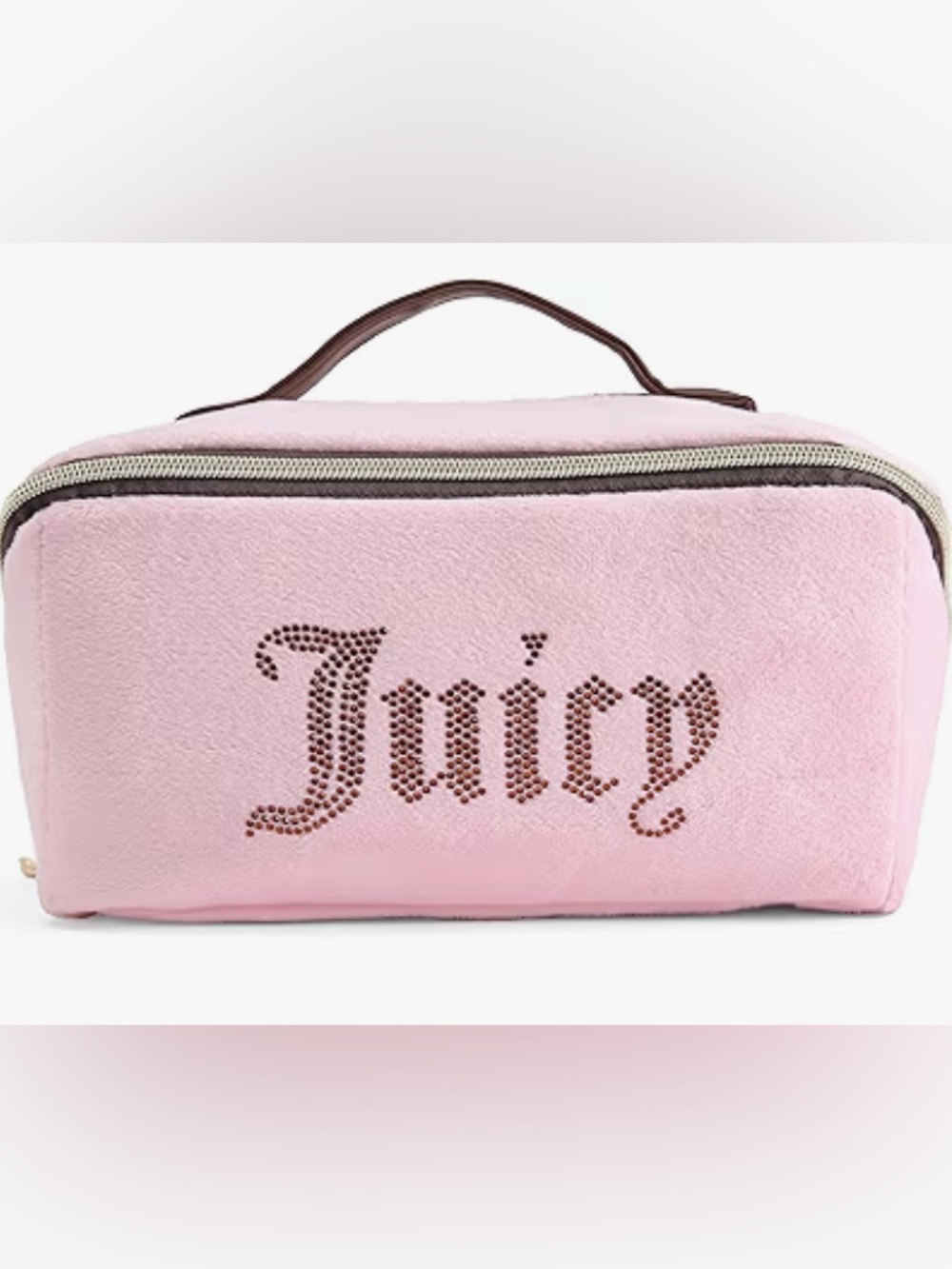 🆕- Juicy Couture Pink Rhinestone Juicy Script Cosmetic Bag with Brown Handle